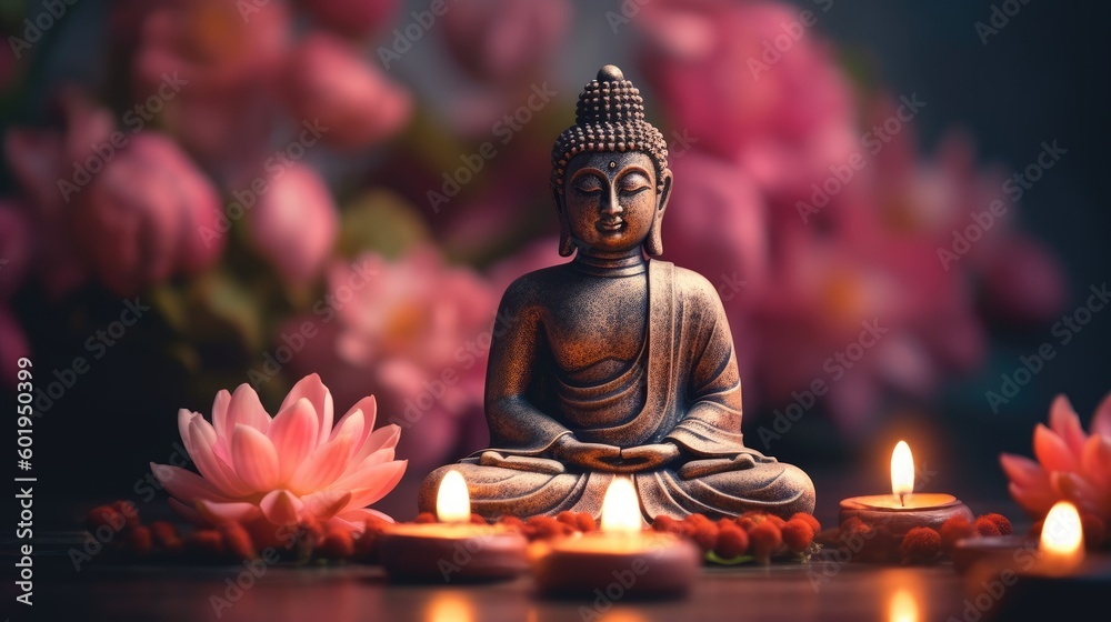 Small buddha statue in meditation post surounded with candles and flowers - created using generative AI tools