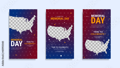 Memorial day Social media stories template design with the national flag of the United States of America
