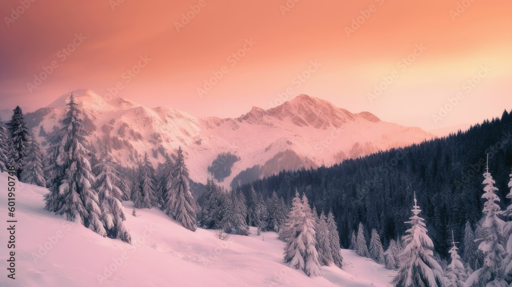 winter landscape with mountains and snow. Generative AI
