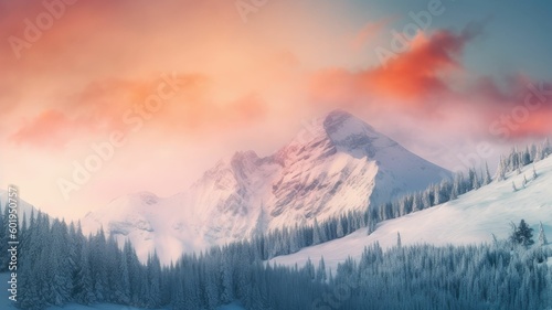 sunrise in the snowy mountains. Generative AI