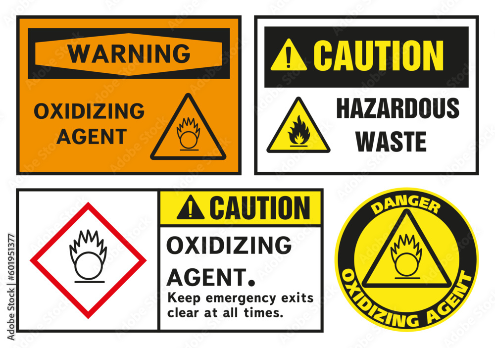 Obraz premium Oxidizer warning sign. Class 5 Dangerous Goods Plates.