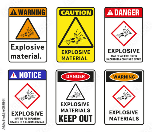 Explosives warning sign. Warning symbol. Class 1 warning signs.