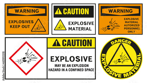 Explosive warning signs. Hazard signs.