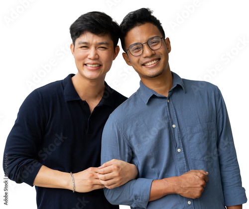 close up adult gay men lover arm in arm and smile with happiness feeling together isolated on transparent background for LGBTQIA lifestyle and married equality campaign concept