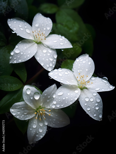 White flowers dewdrops on dark background