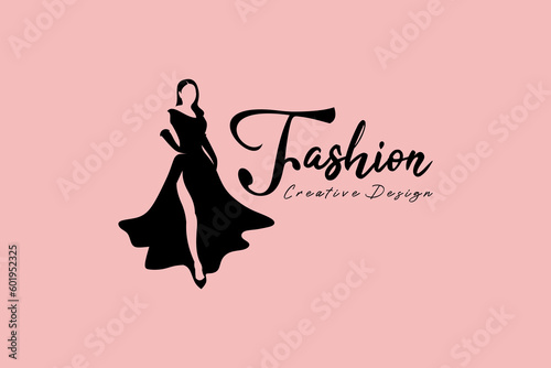 Basic RGBVector woman in waving dress for logo design of women's clothing boutique shop, fashion, wedding dresses