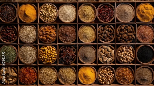 Vast array of different colorful spices. Top view product shot created using generative AI tools