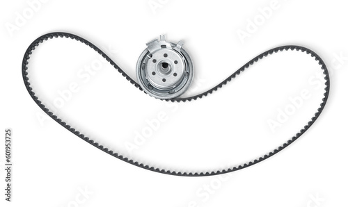 New timing belt with tensioner pulley, isolated on a transparent background png. top view.  photo