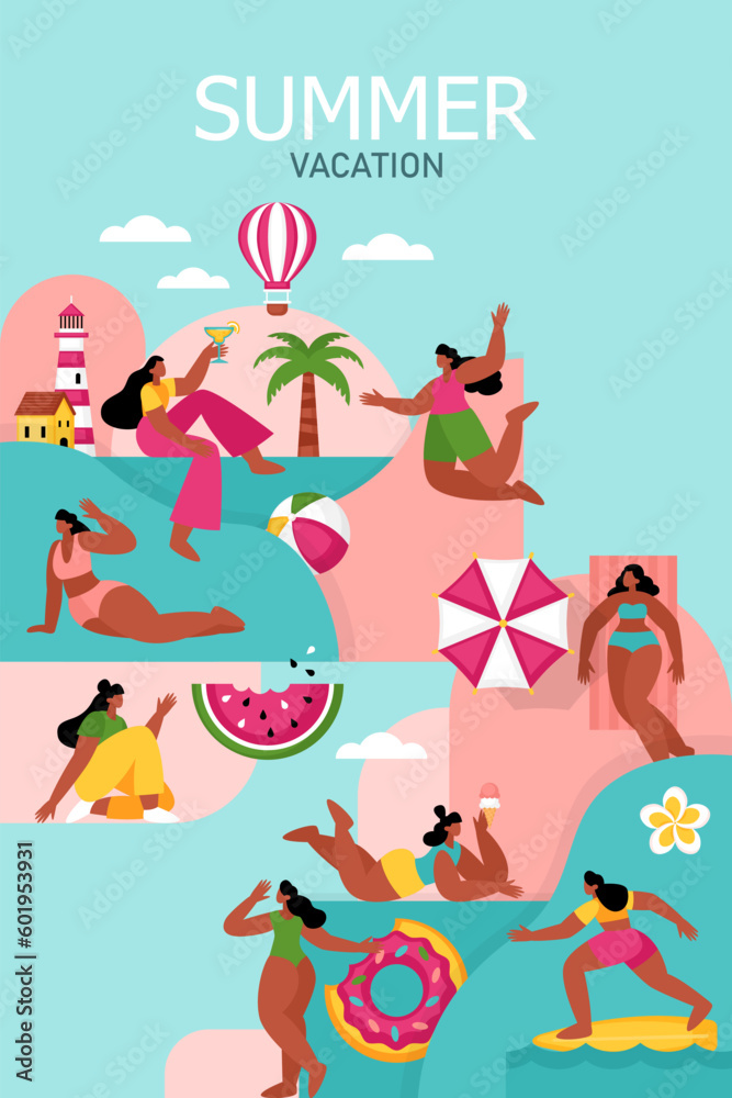 Fototapeta premium Summer vacation, beach party or pool party geometrical banner design with body positive women characters. Template background for brochure, poster or flyer.