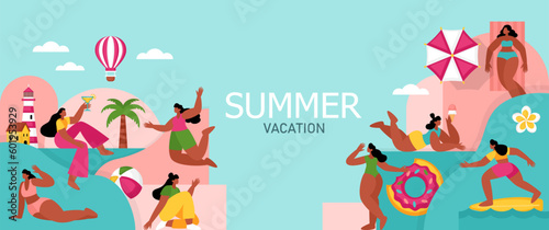 Summer vacation, beach party or pool party geometrical banner design with body positive women characters. Template background for brochure, poster or flyer.