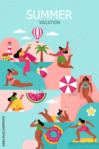 Summer vacation, beach party or pool party geometrical banner design with body positive women characters. Template background for brochure, poster or flyer.