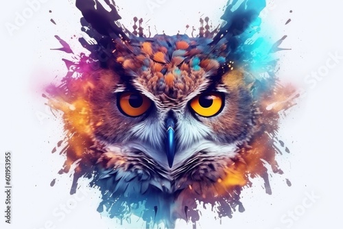 Abstract animal Owl portrait with colorful double exposure paint , Generative AI