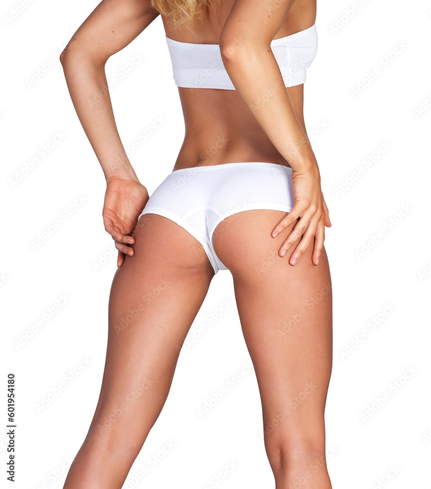 Rear view, woman and legs on mockup in studio for grooming, smooth and soft against a white background. Body care, leg and girl model relax in underwear for skin, glow or luxury beauty while isolated