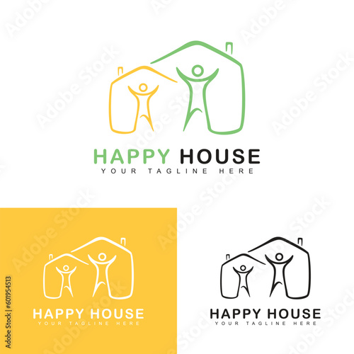 Orange combination house logo design template, happiness icon, creative house sign.