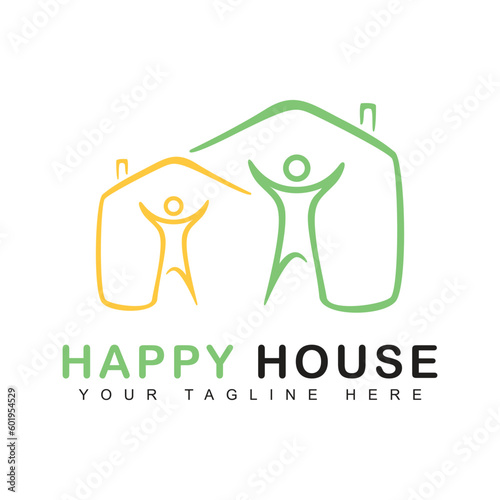 Orange combination house logo design template, happiness icon, creative house sign.
