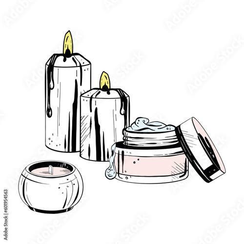 Vector illustration of set of face cream jar and candles on white background. Black outline of open container with lid and burning candles, graphic drawing. For postcards, design and composition