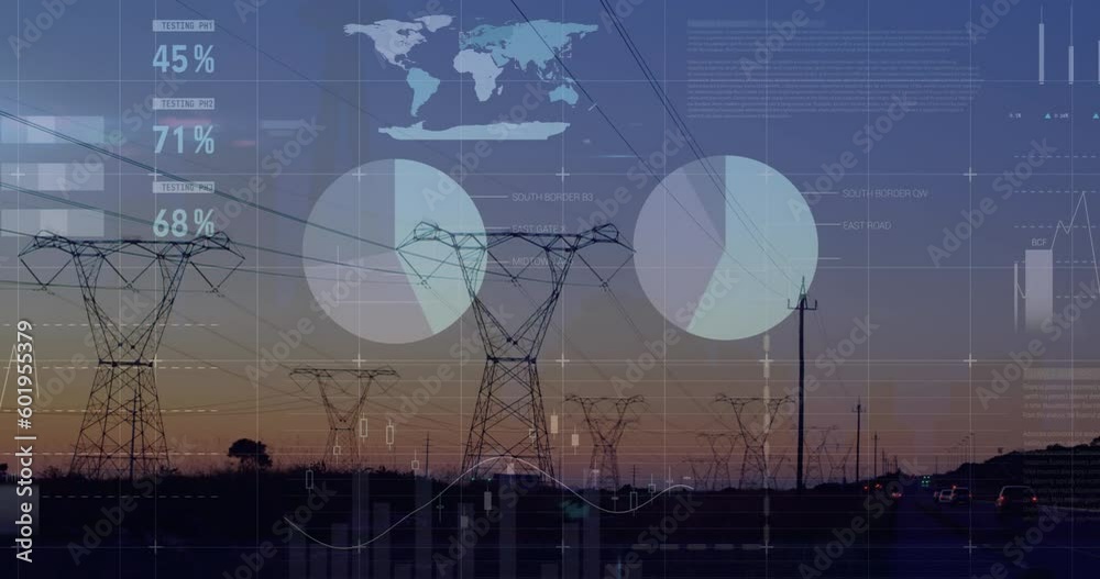 Animation of statistical data processing over network towers against sunset sky