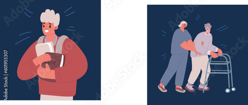 People in wheelchairs in nursing homes. hand drawn style vector design illustrations.