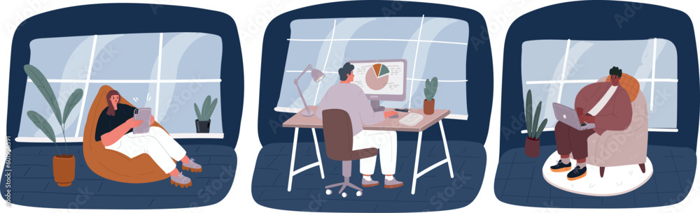 Working at home, coworking space, concept illustration. Young people, m?n and wom?n freelancers working on laptops and computers at home. Vector flat style illustration Working at home, coworking space, concept illustration. Young people, m?n and wom?n freelancers working on laptops and computers at home. Vector flat style illustration