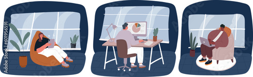 Working at home, coworking space, concept illustration. Young people, m?n and wom?n freelancers working on laptops and computers at home. Vector flat style illustration
