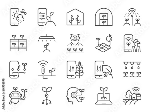 Agritech icon set. It included the agriculture technology, smart farming, farmer, farm, and more icons.