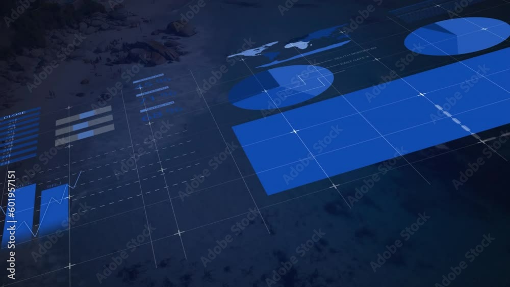 Animation of statistical data processing against aerial view of beach Animation of statistical data processing against aerial view of beach