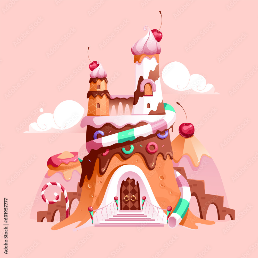 Obraz premium Orange Cartoon Gingerbread Castle Illustration