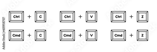 Keyboard buttons for copy, paste, cut, past shortcuts vector icon set. Ctrl C, Ctrl V, Ctrl Z, Cmd C, Cmd V, Cmd Z shortcut keys for copy paste keyboard keys concept. Linear press symbols