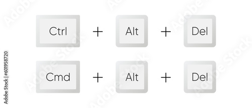 Keyboard buttons vector icon set. Ctrl Alt Del, Cmd Alt Del shortcut keys symbol. Realistic keyboard image photo