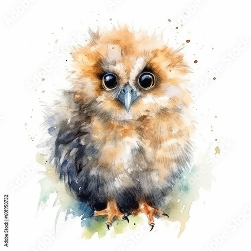 Cute baby owl - watercolor illustration created using generative AI tools