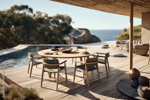 Wooden outdoor sitting arangement in a beach house created using generative AI tools