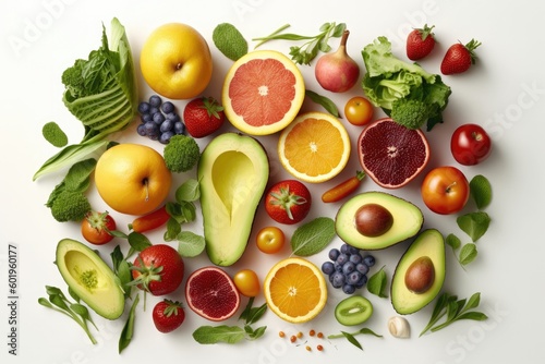 Fresh fruits and vegetables, healthy food, spread apart, isolated flat lay from above white background, Generative AI