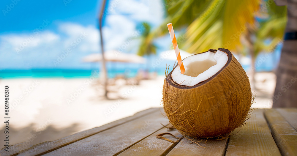 Tropical fresh coconut cocktail with straw on white beach with blue ocean and palm trees on the background, tropical,Holiday,resort concept - obrazy, fototapety, plakaty 