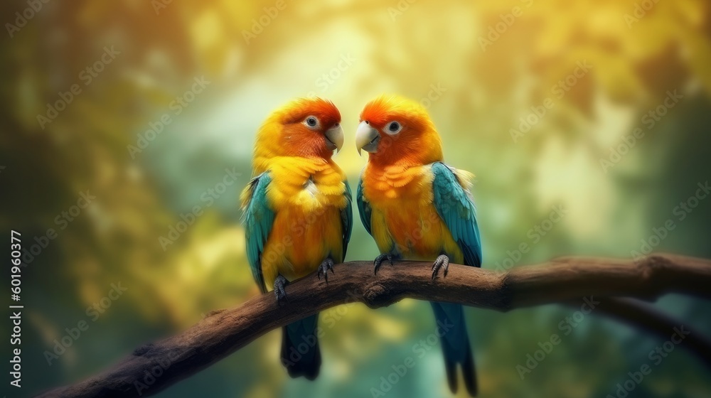 Obraz premium A pair of romantic lovebirds on a branch. love concept. generative AI