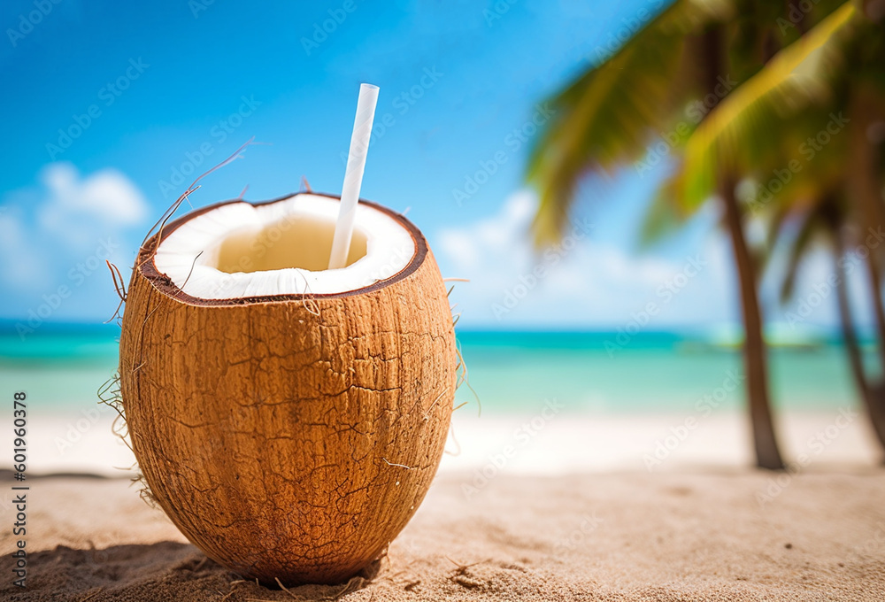 Tropical fresh coconut cocktail with straw on white beach with blue ocean and palm trees on the background, tropical,Holiday,resort concept - obrazy, fototapety, plakaty 