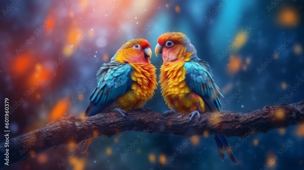 Fototapeta premium A pair of romantic lovebirds on a branch. love concept. generative AI