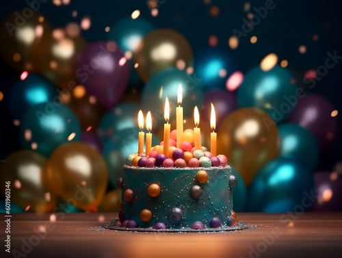 Colorful birthday cake with 6 yellows candle on top and colorful blurry balloons background, generative ai