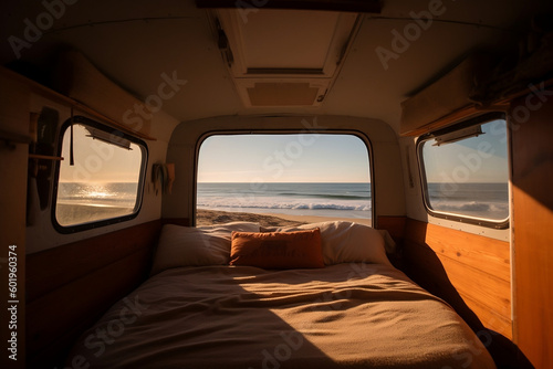Sunny beautiful morning view on ocean beach from bed on motor home caravan camping car RV. Spending time travelling in recreation vehicle, sustainable freedom nature concept. Generative AI Technology