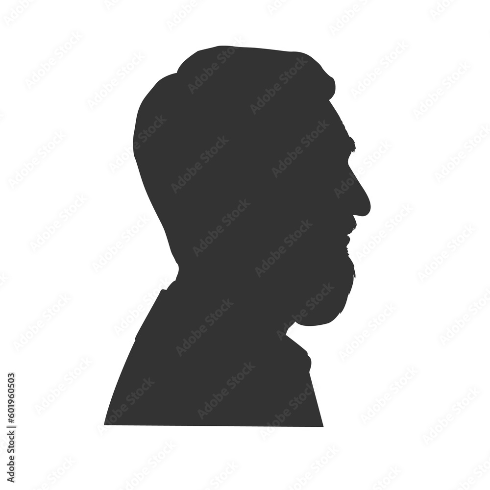 Silhouette of a man with a beard in profile. Black shape. Illustration on transparent background