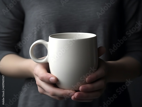 white woman's hands holding white ceramic mug, porcelain cup mock up template, generative ai