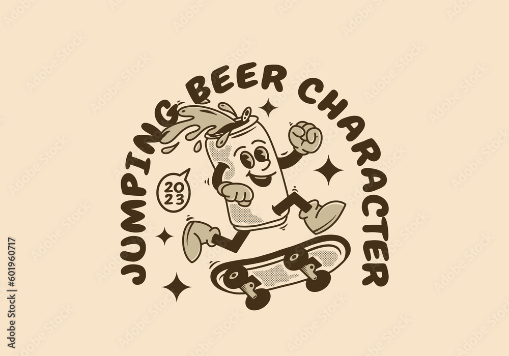 Vintage mascot character of beer can jumping on skate board
