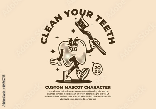 Vintage mascot character of tooth holding a tooth brush