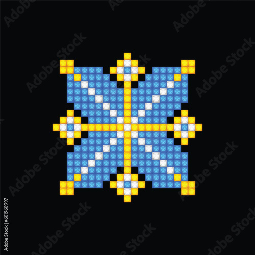 Realistic Cross-Stitch Embroideried Ornate Element. Ethnic Motif, Handmade Stylization. Traditional Ukrainian Yellow and Blue Embroidery. Ethnic Single Design Element. Vector 3d Illustration