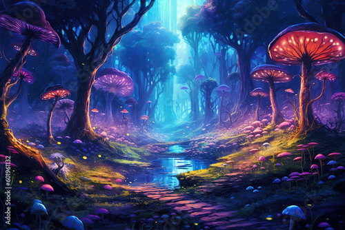 beautiful glowing fantasy forest with magical mushrooms, Generative AI photo