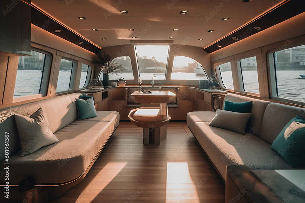 Details of luxury motor yacht interior, furnishing decor of the salon area in rich modern large sea boat design. Relaxation areas for water travel. Travelling and entertainment concept. Generative AI