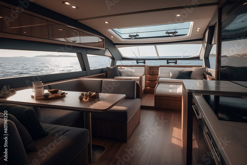 Rich and luxury motor yacht interior, furnishing decor of the salon area in rich modern large sea boat design. Relaxation areas for water travel. Travelling and entertainment concept. Generative AI