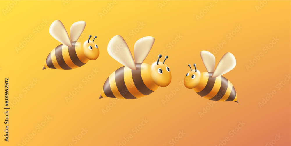 Flying bees, 3d render stylized illustration of insect with yellow striped bodies and wings and face with eyes and antennae, character design