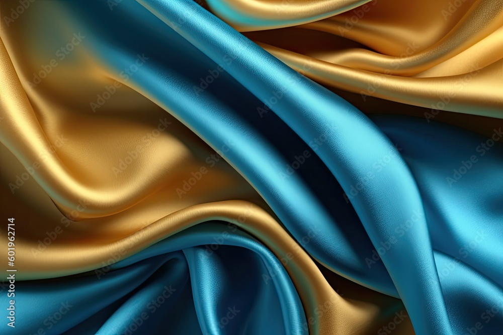 Satin texture blue and gold fabric background, Generative AI