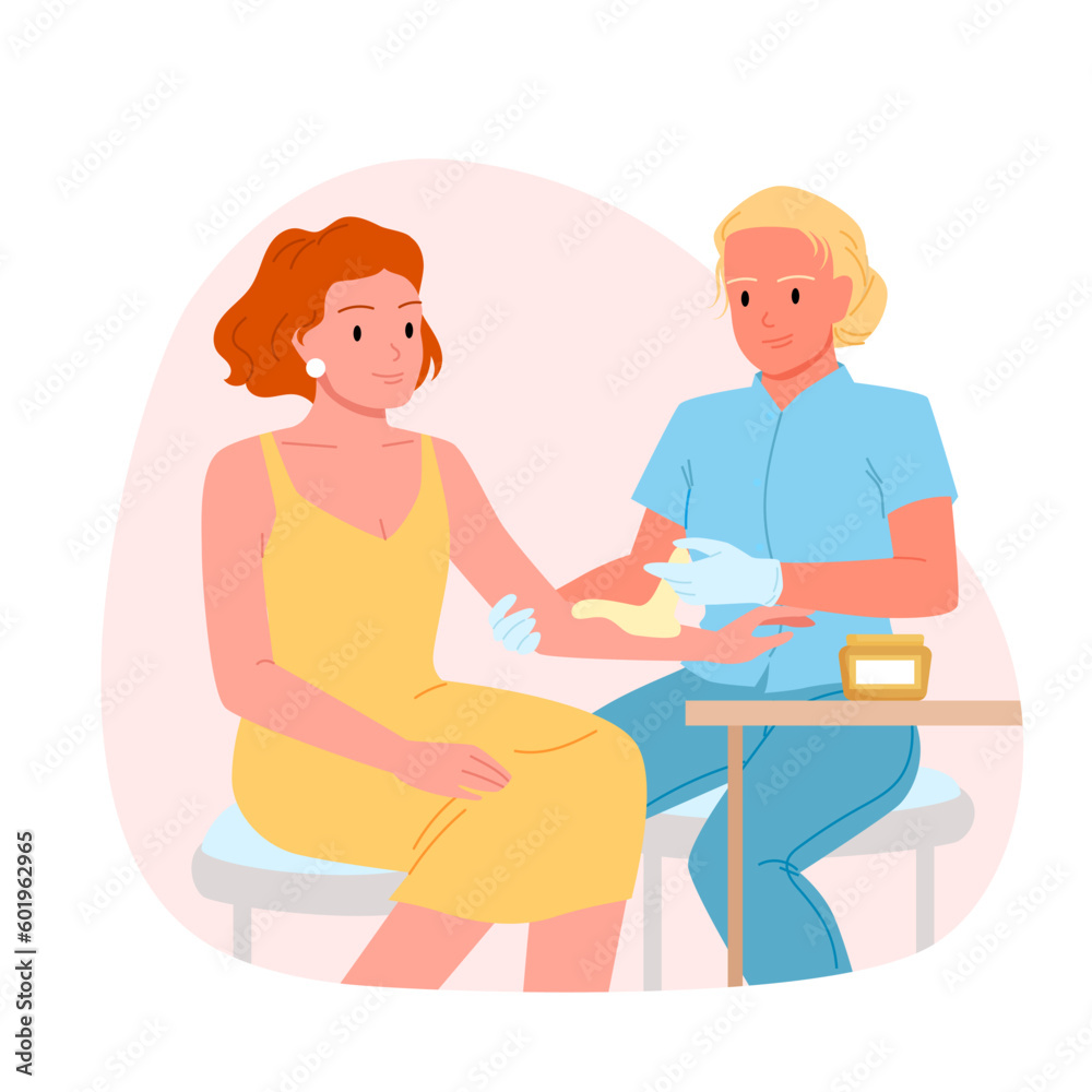 Hair removal, epilation waxing salon procedure vector illustration. Cartoon beauty clinic cosmetologist in gloves applying wax on arm of woman to remove hair for smooth skin, spa therapy for women Hair removal, epilation waxing salon procedure vector illustration. Cartoon beauty clinic cosmetologist in gloves applying wax on arm of woman to remove hair for smooth skin, spa therapy for women