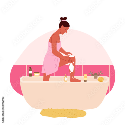 Woman removing hair, infographic presentation vector illustration. Cartoon isolated bathroom scene with girl in bath towel applying depilatory cream to remove hair on legs, beauty care of body skin